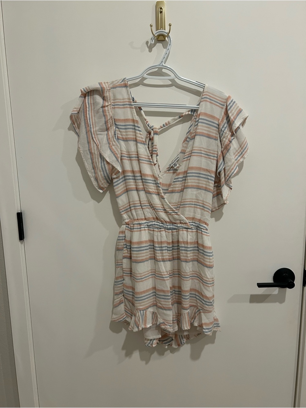 American Eagle Outfitters Cream Romper with Peach and Blue Stripes